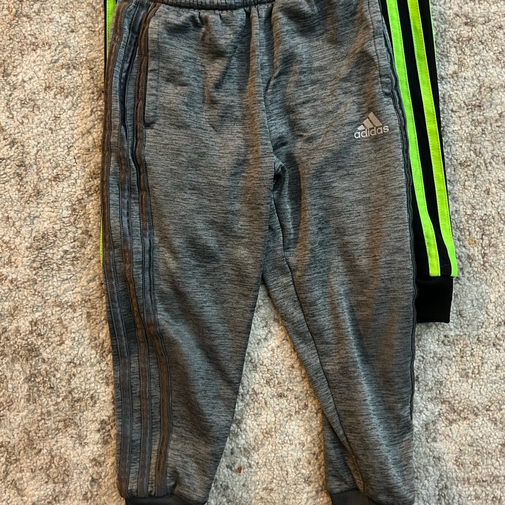Adidas Kids Sweatpants in Black and Gray with Neon Green Stripes - Picture 2 of 7